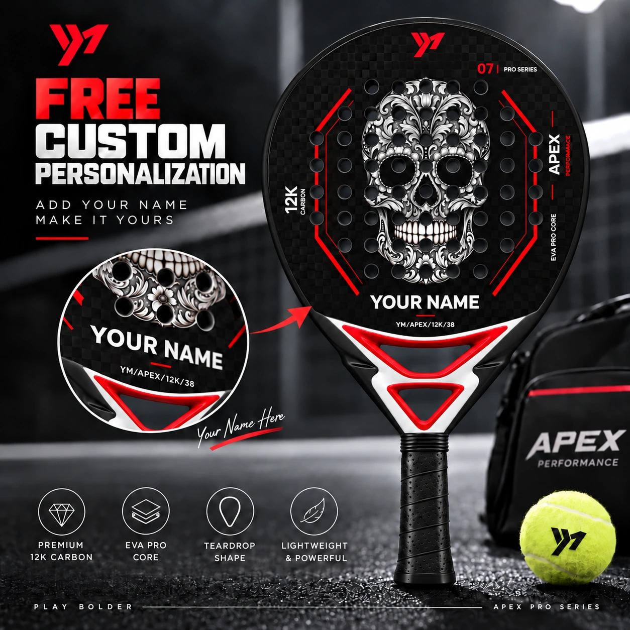 A name printed on a padel racket