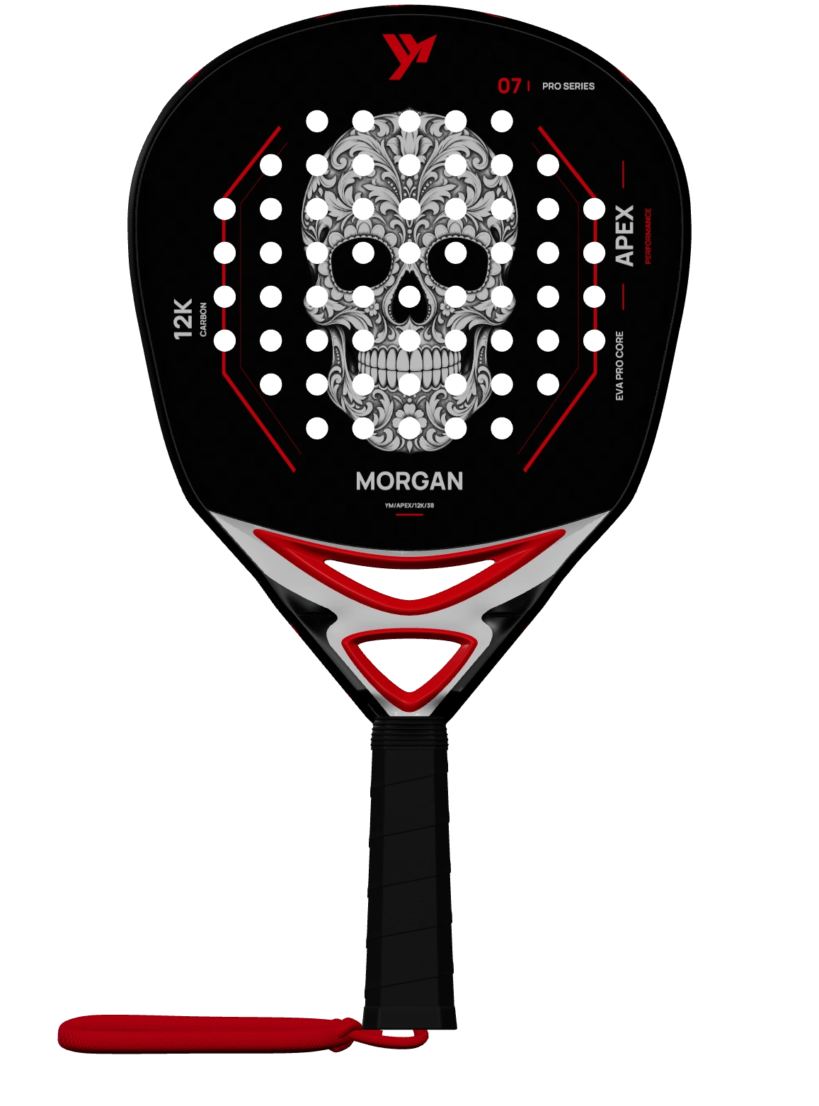 MORGAN personalized carbon racket with ornate skull artwork, red bridge and strap