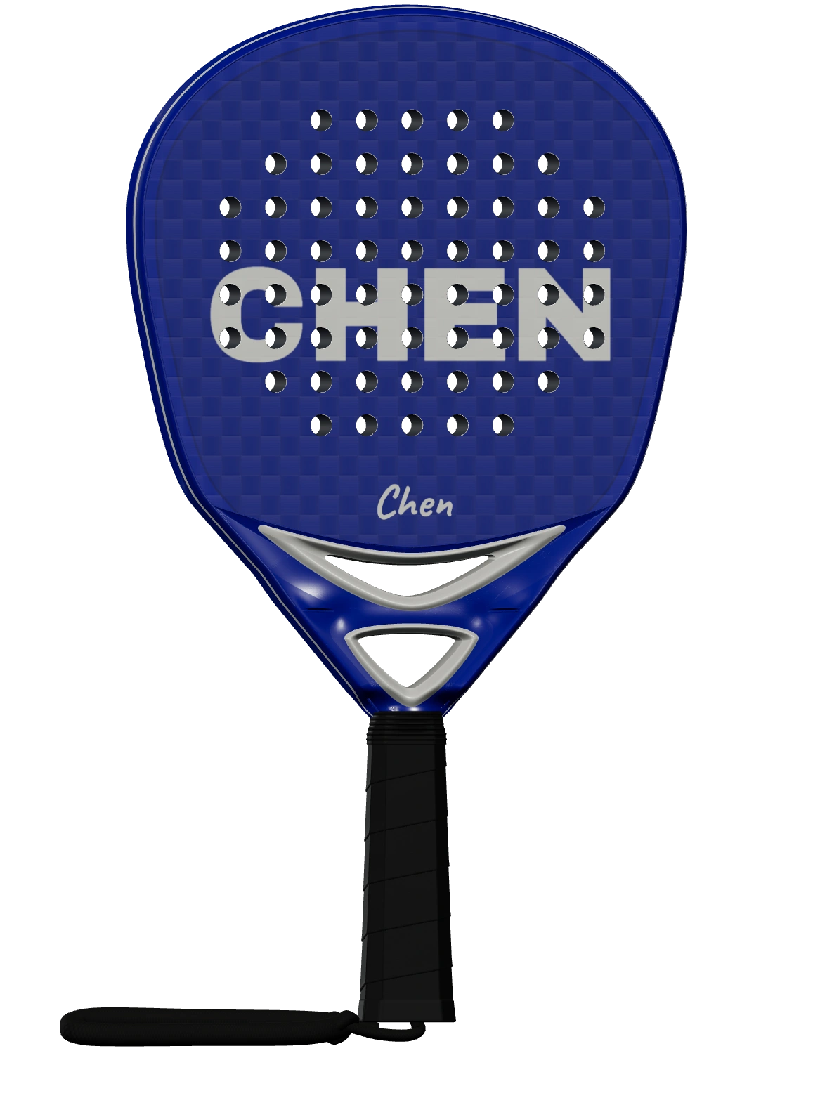 Blue carbon padel racket with CHEN name and white signature