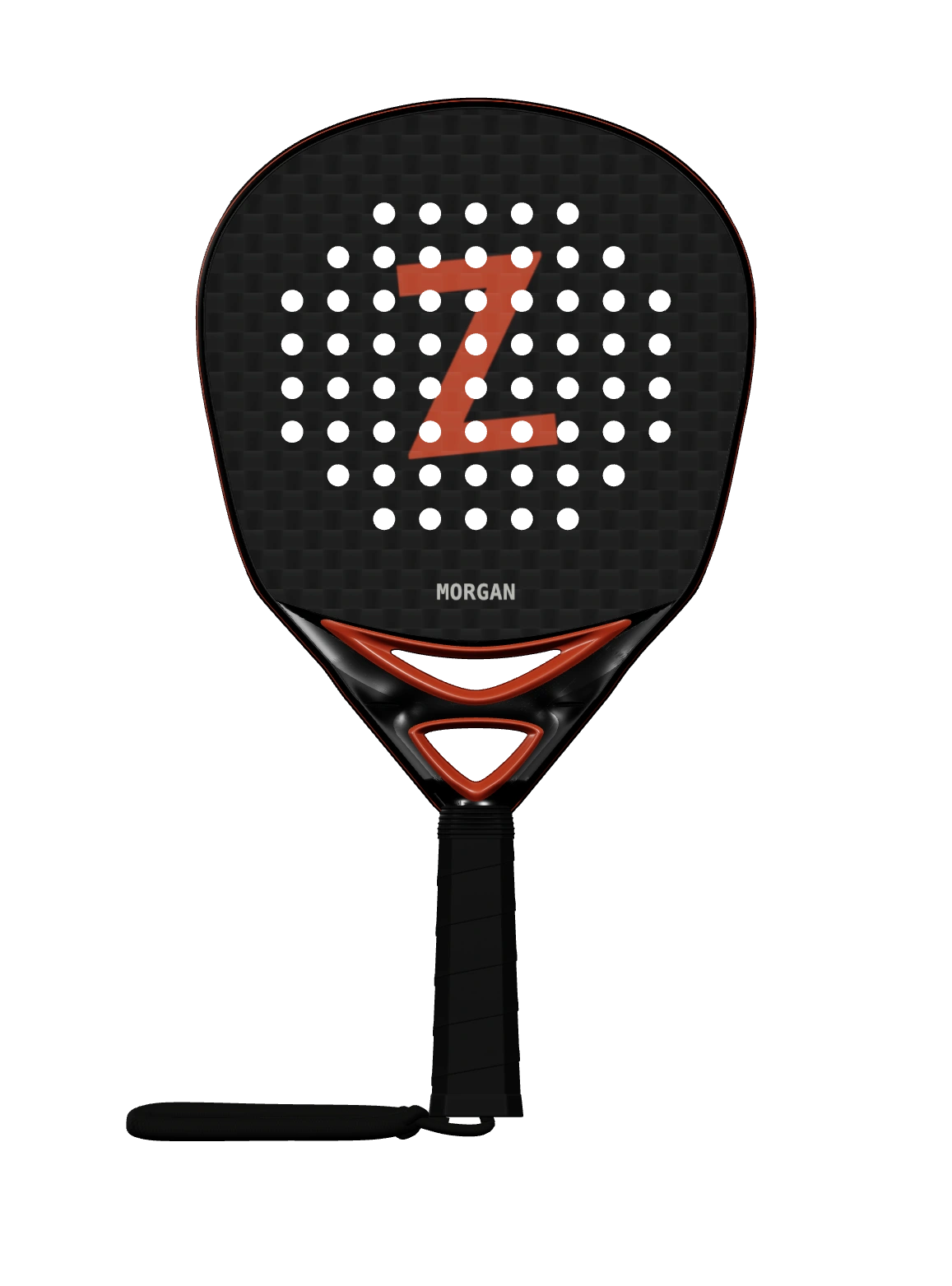 Current teardrop racket with two vertically stacked, orange-trimmed bridge openings