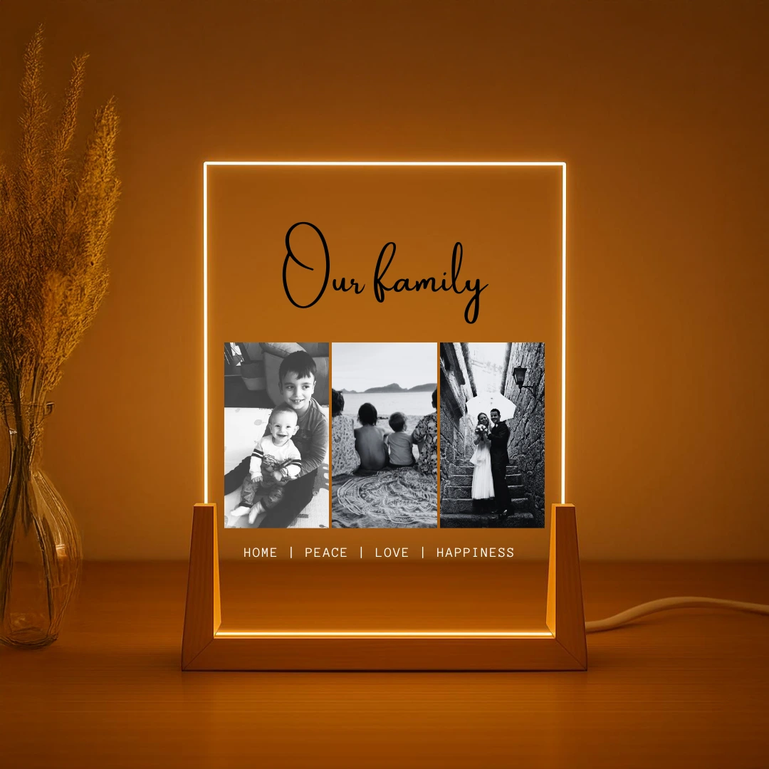 Personalized Family Lamp with 3 Photos and Custom Text - Portrait Design