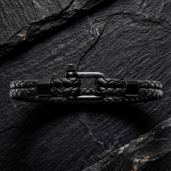 Black Crimps Screw Shackle Braided Leather Bracelet — Black