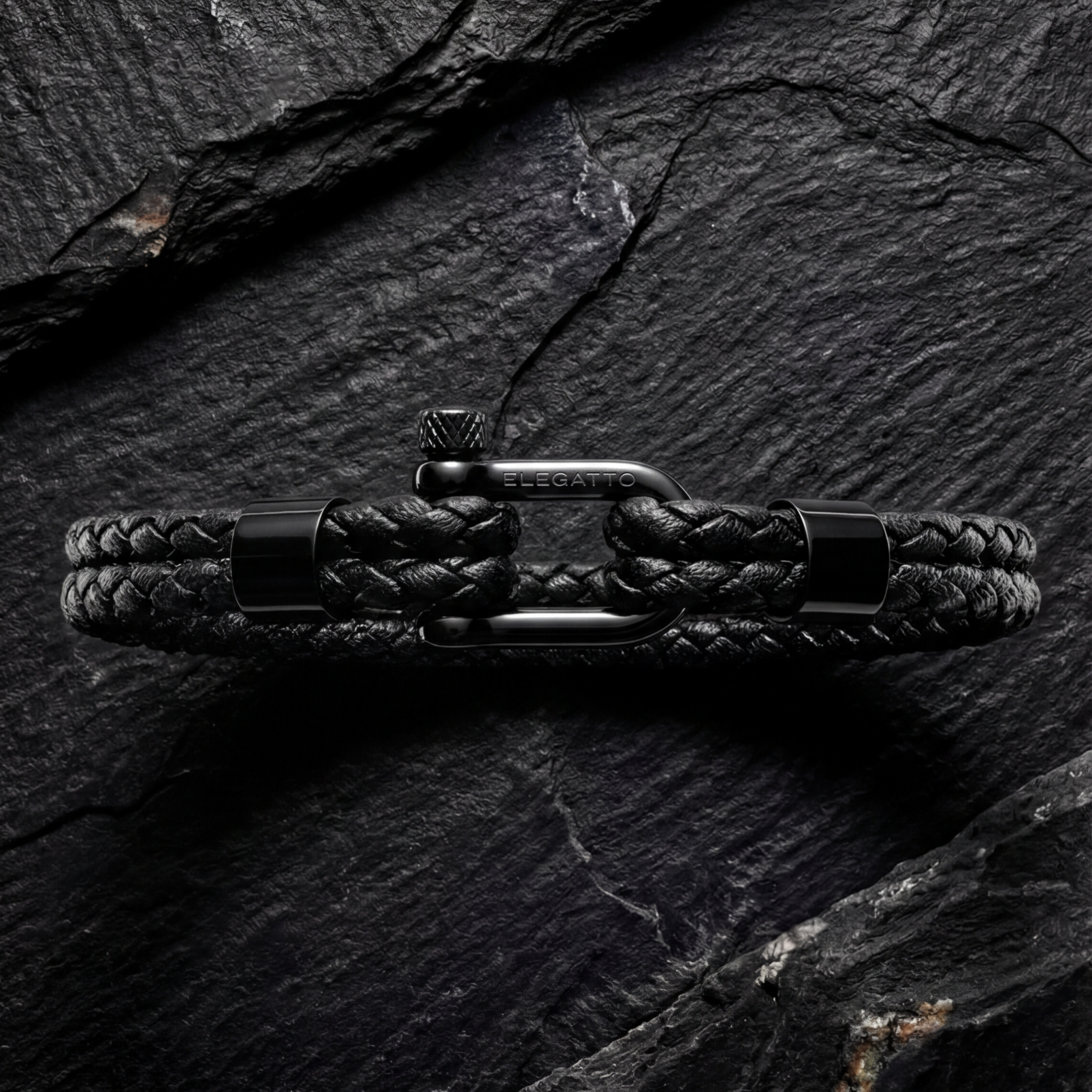 Black Crimps Screw Shackle Braided Leather Bracelet — Black - immagine 3