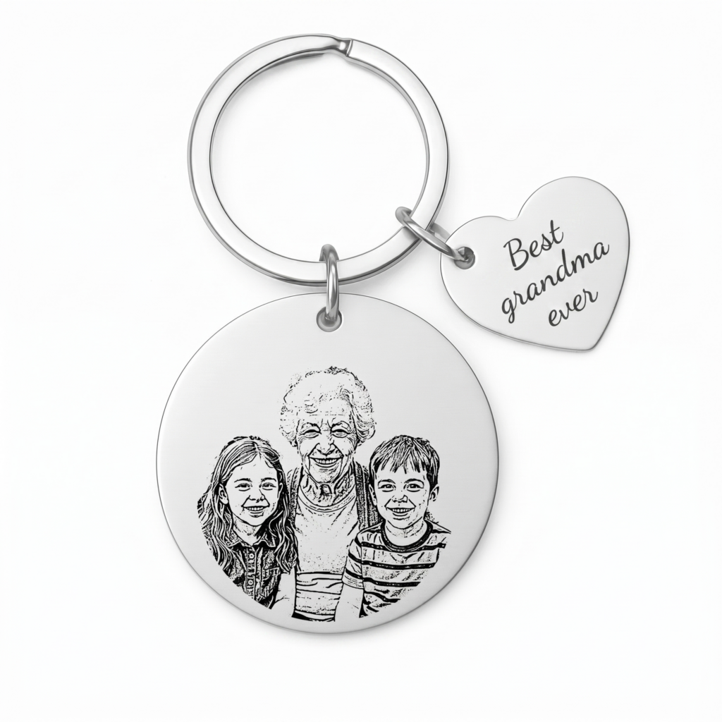 Grandma Gift — Keychain with Custom Portrait Illustration & Heart Dedication