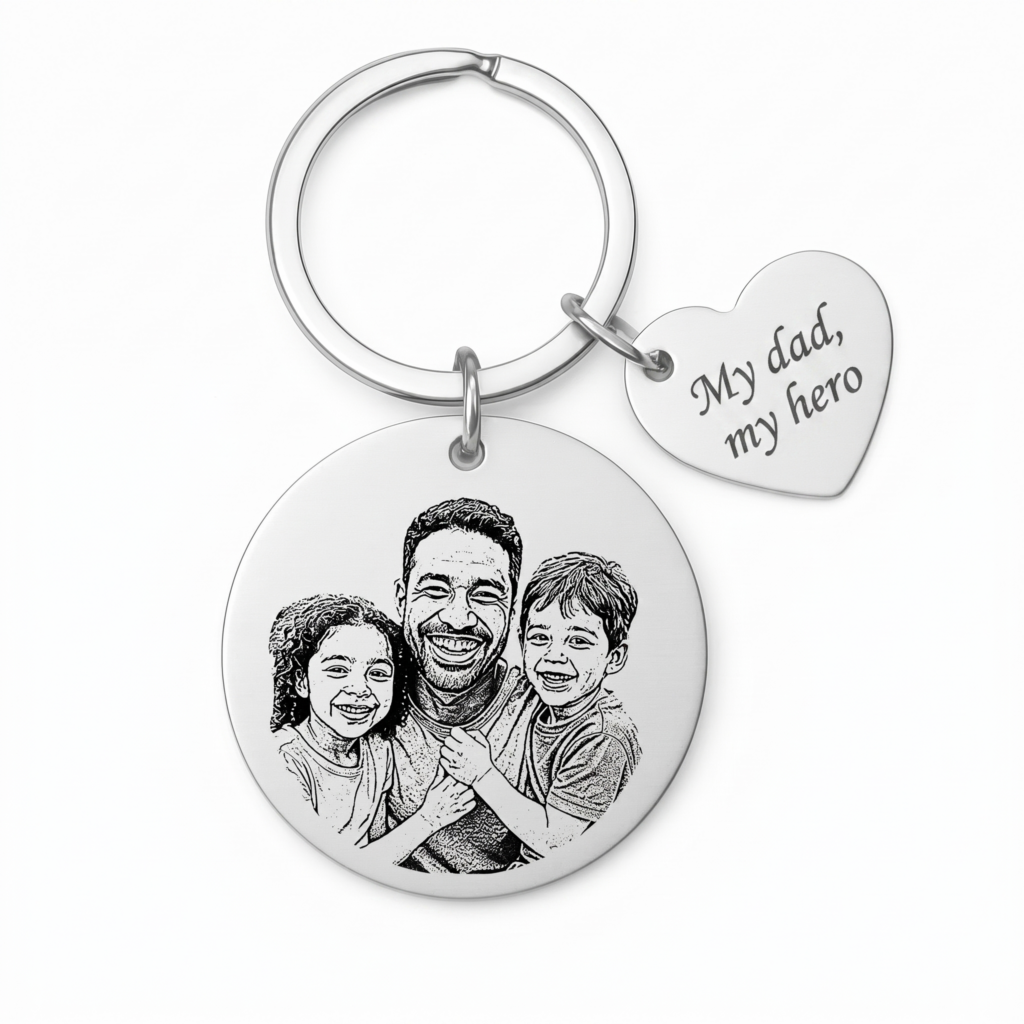 Dad Gift — Keychain with Custom Portrait Illustration & Heart Dedication