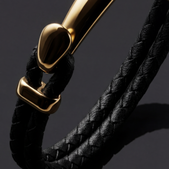 Black Leather Hook Clasp Braided Leather Bracelet — Gold