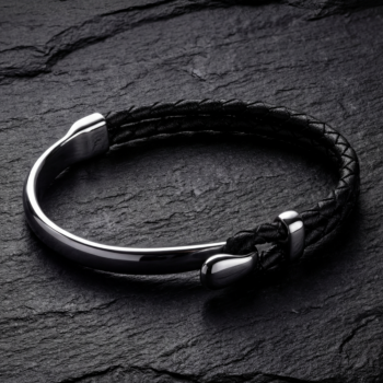 Black Leather Hook Clasp Braided Leather Bracelet — Silver