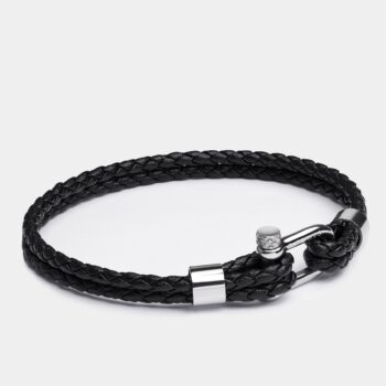 Double Wrap Screw Shackle Braided Leather Bracelet — Black