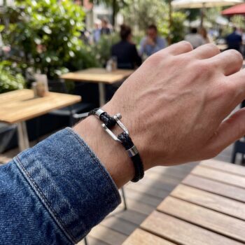 Double Wrap Screw Shackle Braided Leather Bracelet — Black