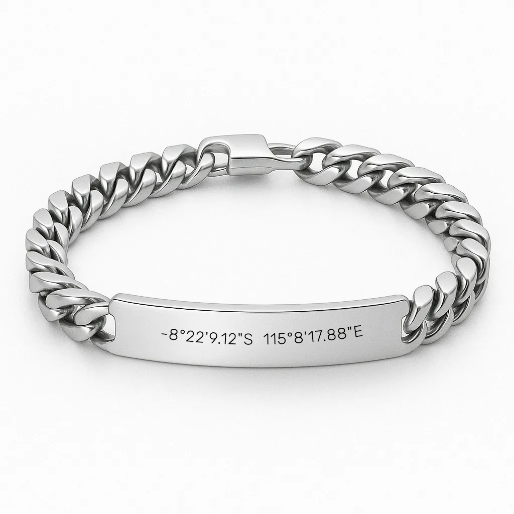 Men's Silver Bracelet with Location Coordinates