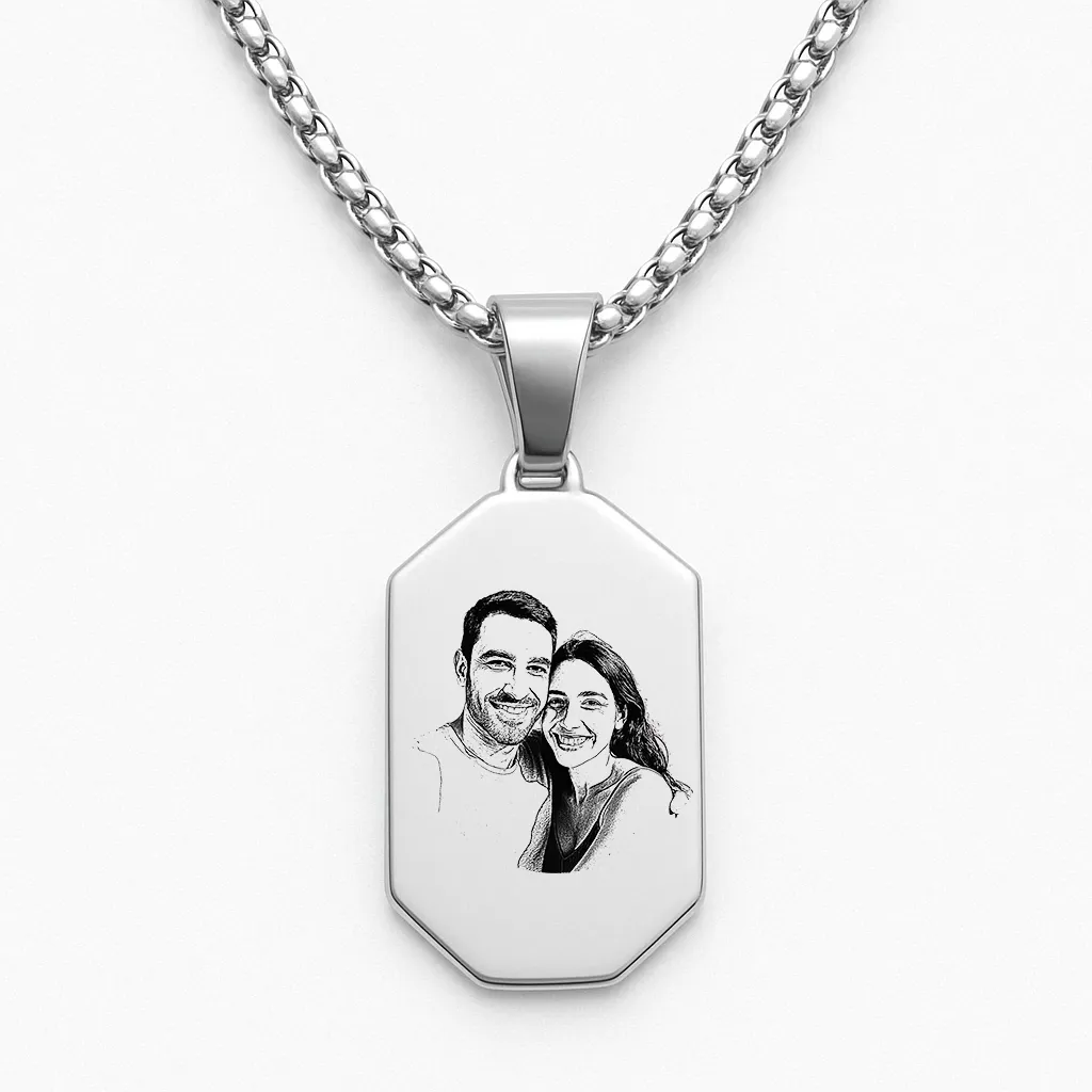 Luxury Stainless Steel Bar Necklace with Couple Illustration Engraving