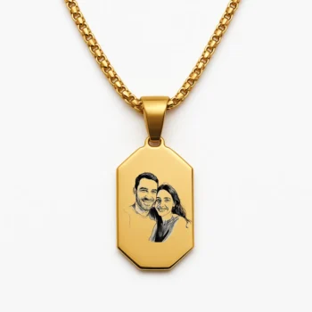 Luxury Stainless Steel Bar Necklace with Couple Illustration Engraving