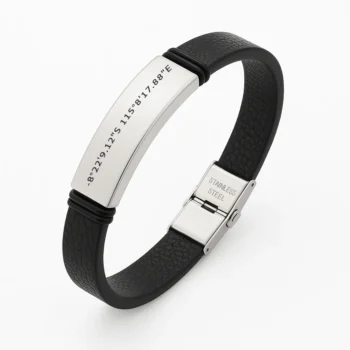Leather Bracelet with Location Coordinates Engraving