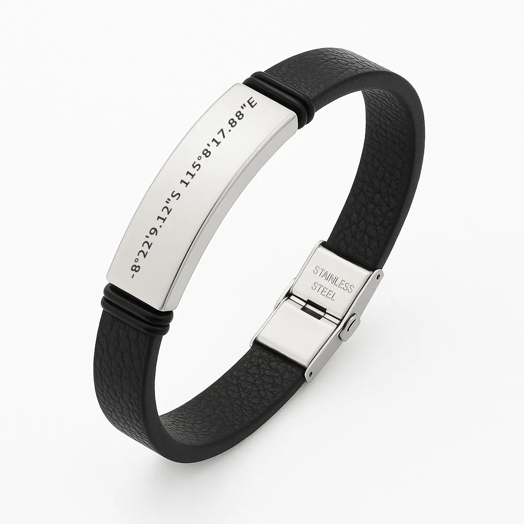 Leather Bracelet with Location Coordinates Engraving