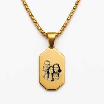 Luxury Stainless Steel Bar Necklace with Family Illustration Engraving
