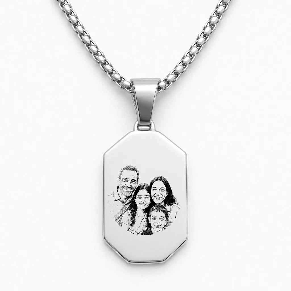 Luxury Stainless Steel Bar Necklace with Family Illustration Engraving