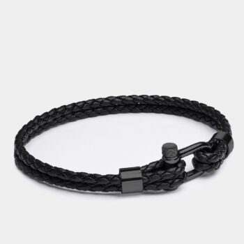 Black Crimps Screw Shackle Braided Leather Bracelet — Black