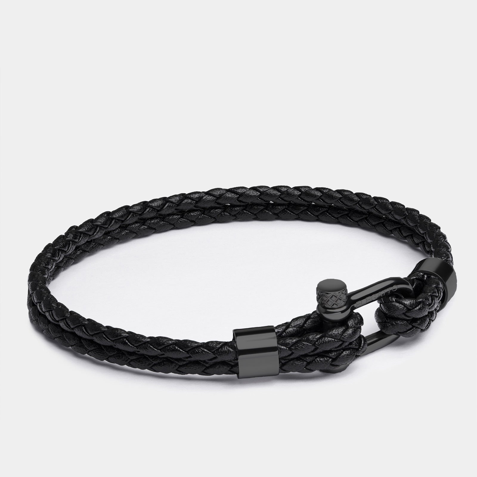 Black Crimps Screw Shackle Braided Leather Bracelet — Black - immagine 2