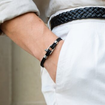 Double Wrap Screw Shackle Braided Leather Bracelet — Black