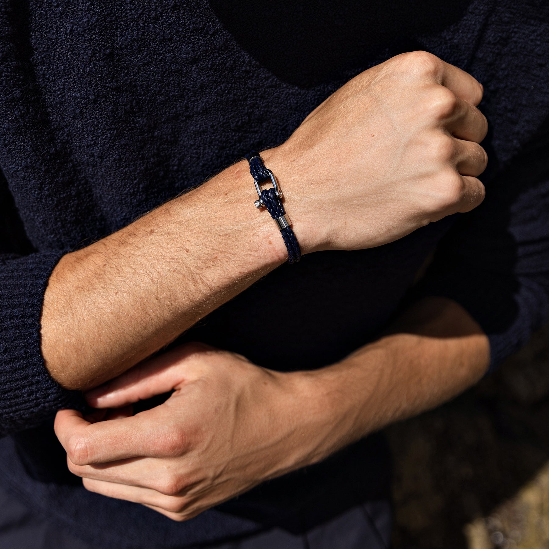 Screw Shackle Braided Leather Bracelet — Navy – Image 4