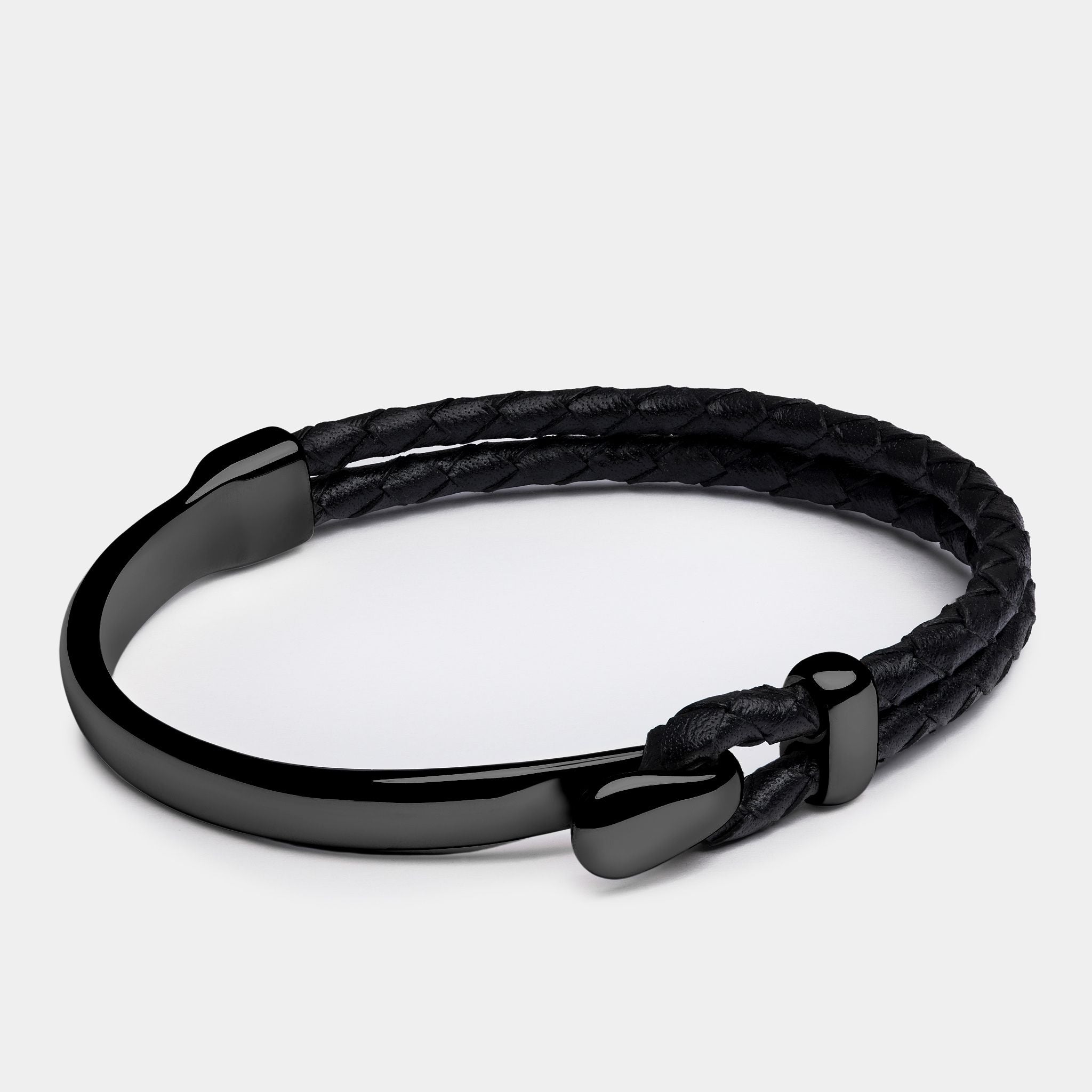 Hook Clasp Braided Leather Bracelet — Black – Image 2