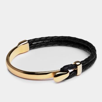 Black Leather Hook Clasp Braided Leather Bracelet — Gold