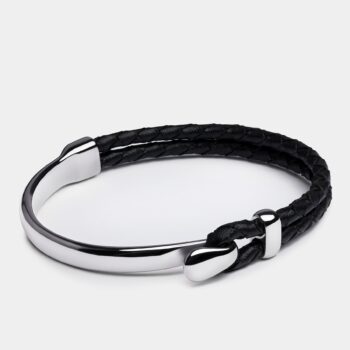 Black Leather Hook Clasp Braided Leather Bracelet — Silver