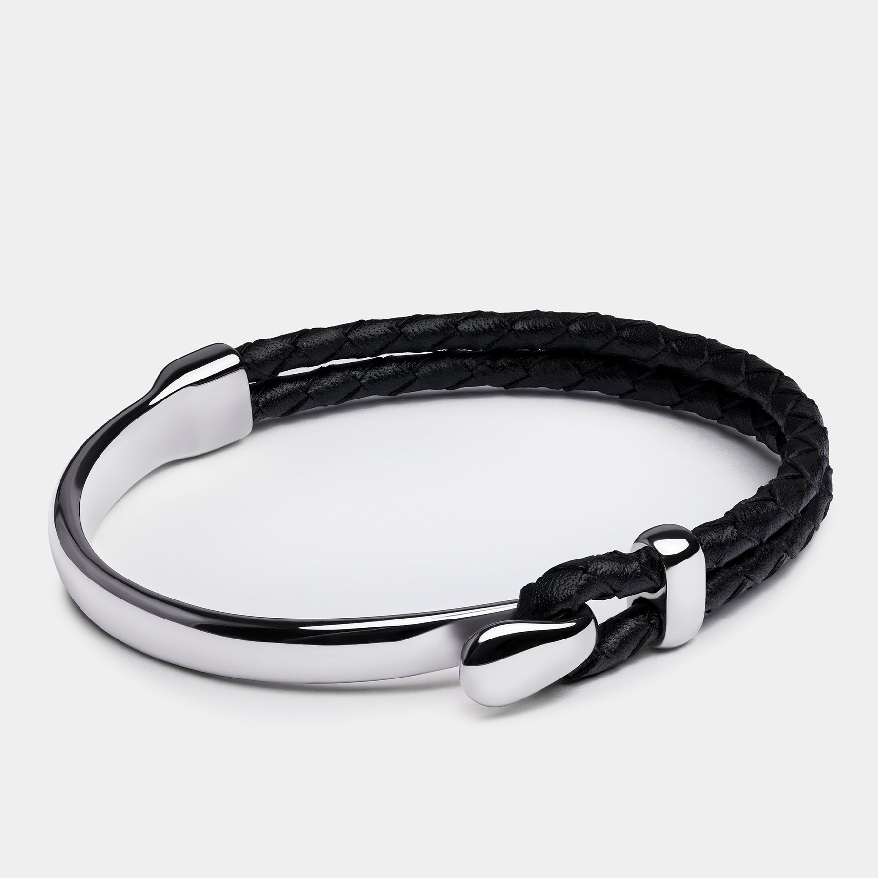 Black Leather Hook Clasp Braided Leather Bracelet — Silver - Afbeelding 2