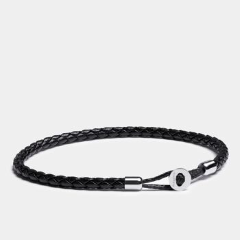 Full-Grain Hook Clasp Braided Leather Bracelet — Silver