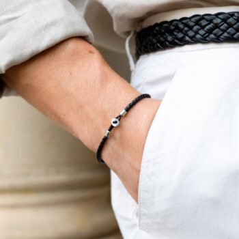 Full-Grain Hook Clasp Braided Leather Bracelet — Silver