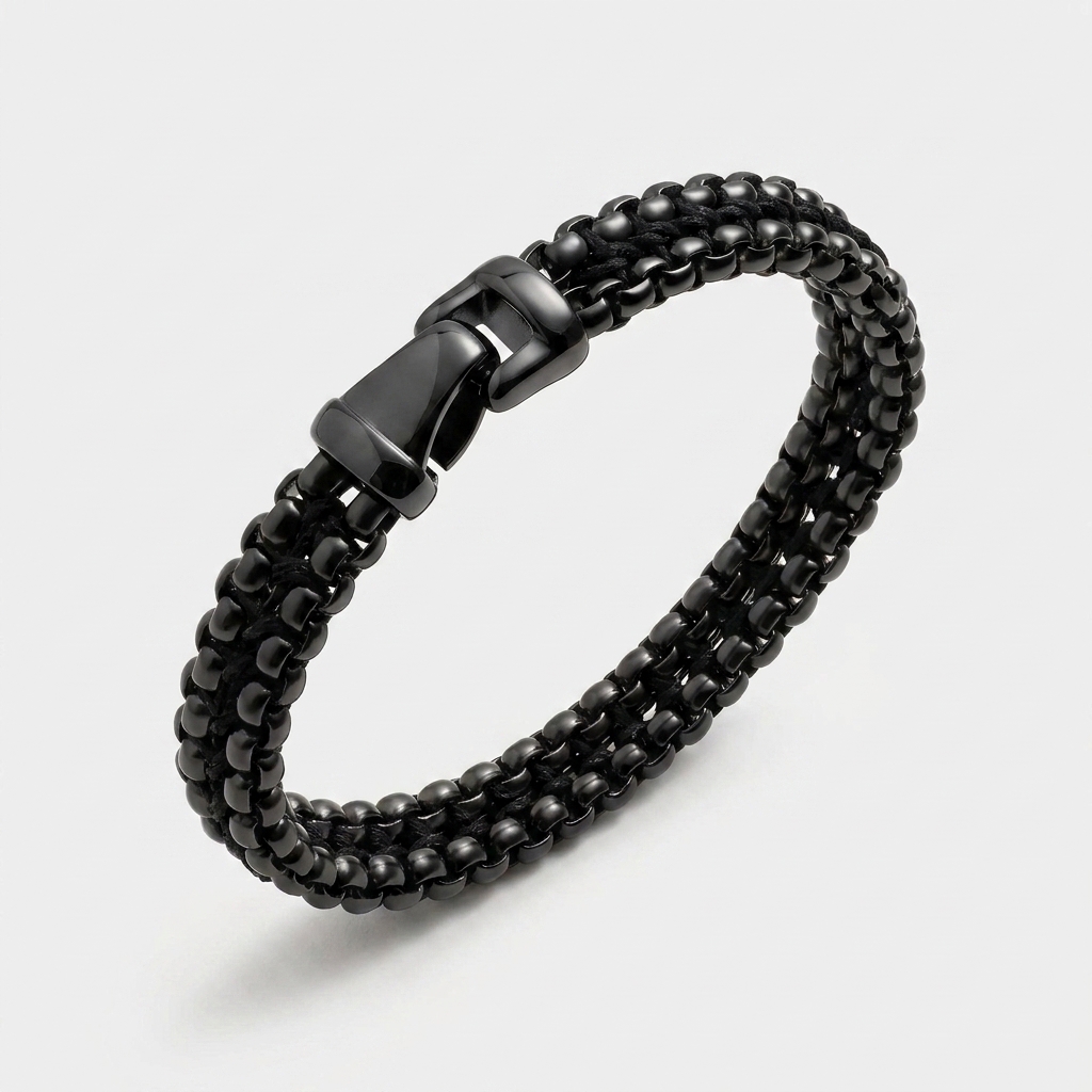 Woven Stainless Steel Chain Bracelet — Black