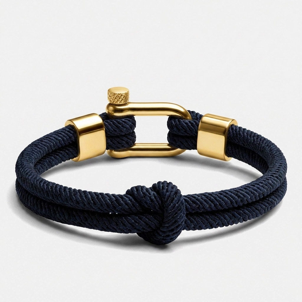 Gold Clasp Screw Shackle Nautical Rope Bracelet — Navy