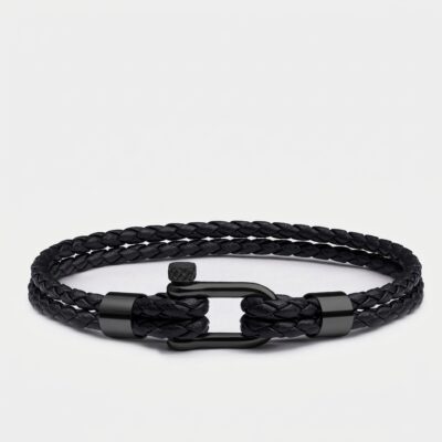Black Crimps Screw Shackle Braided Leather Bracelet — Black