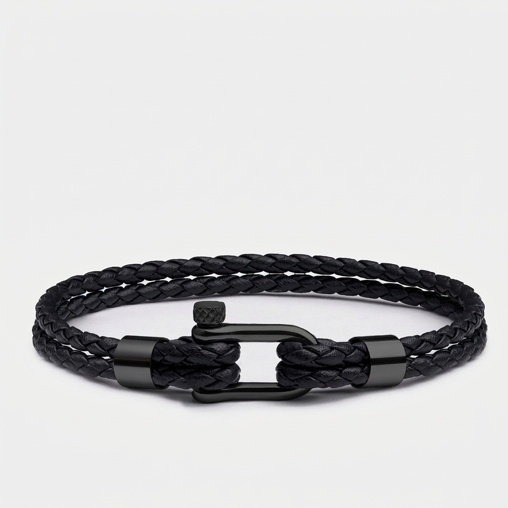 Black Crimps Screw Shackle Braided Leather Bracelet — Black