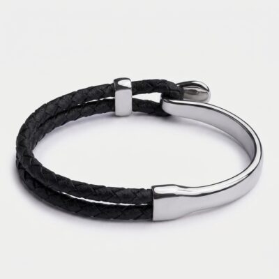 Black Leather Hook Clasp Braided Leather Bracelet — Silver