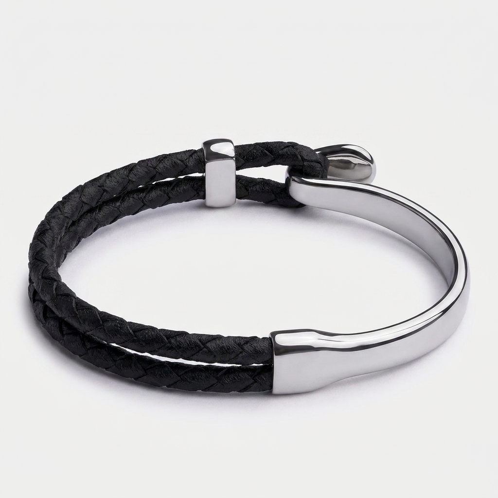 Black Leather Hook Clasp Braided Leather Bracelet — Silver