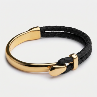 Black Leather Hook Clasp Braided Leather Bracelet — Gold