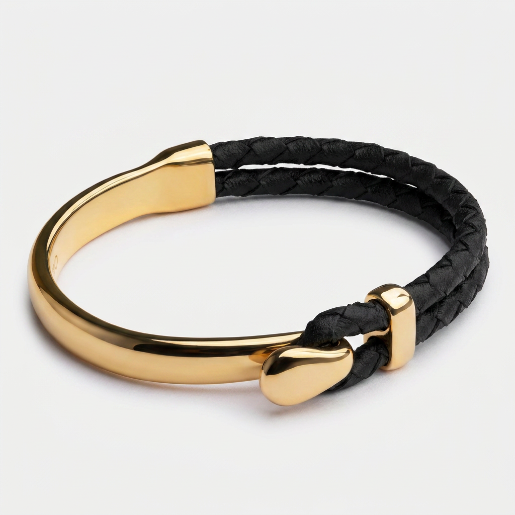 Black Leather Hook Clasp Braided Leather Bracelet — Gold