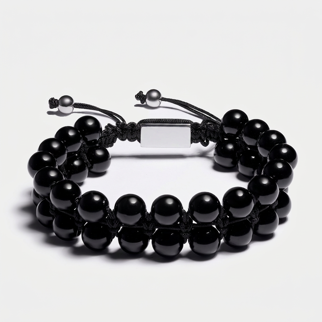 Double Row Beaded Stone Bracelet — Black