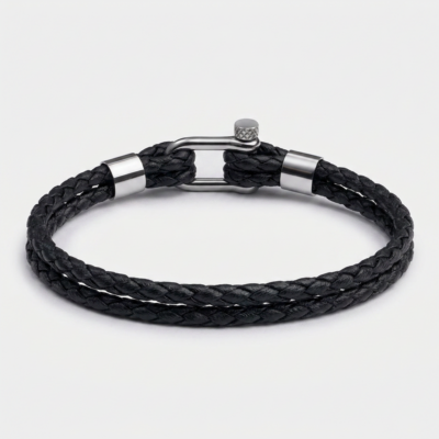 Double Wrap Screw Shackle Braided Leather Bracelet — Black