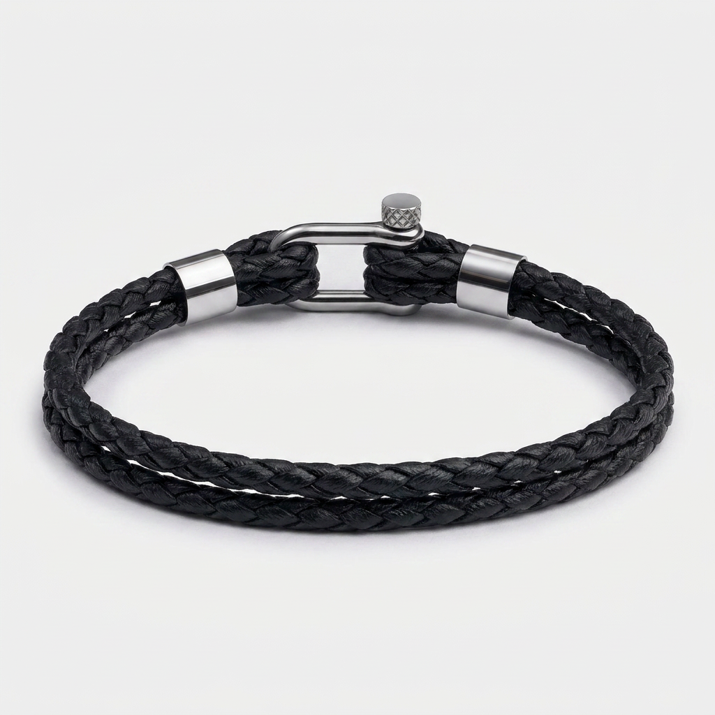 Double Wrap Screw Shackle Braided Leather Bracelet — Black