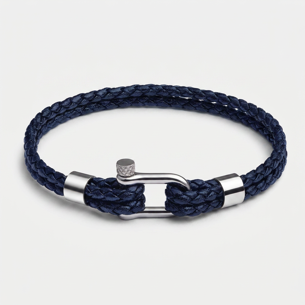 Screw Shackle Braided Leather Bracelet — Navy