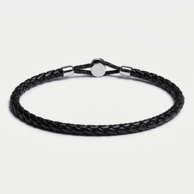 Full-Grain Hook Clasp Braided Leather Bracelet — Silver