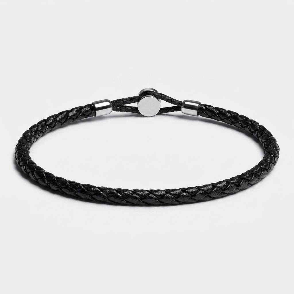 Full-Grain Hook Clasp Braided Leather Bracelet — Silver