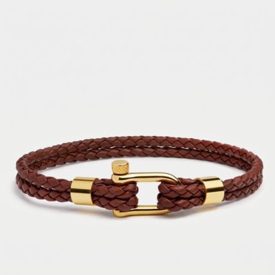 Screw Shackle Braided Leather Bracelet — Brown