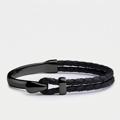 Hook Clasp Braided Leather Bracelet — Black
