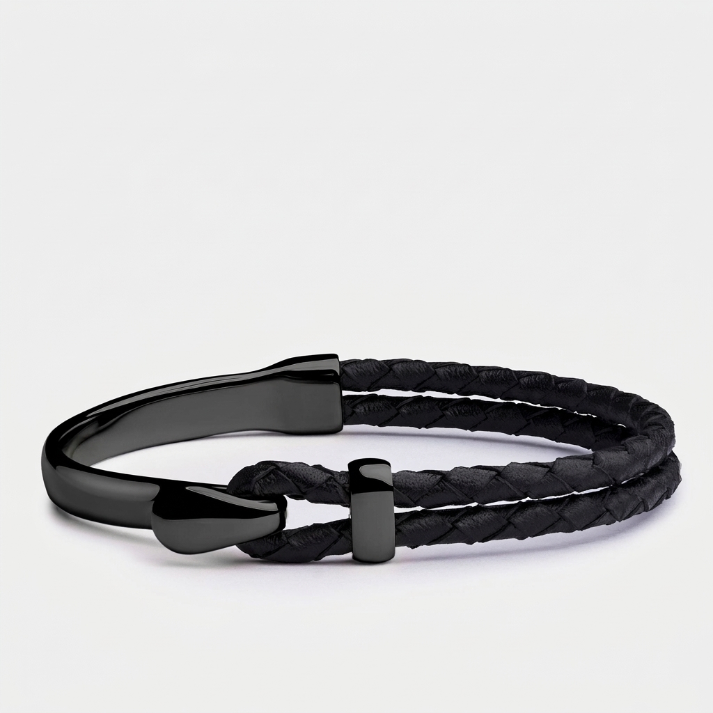 Hook Clasp Braided Leather Bracelet — Black
