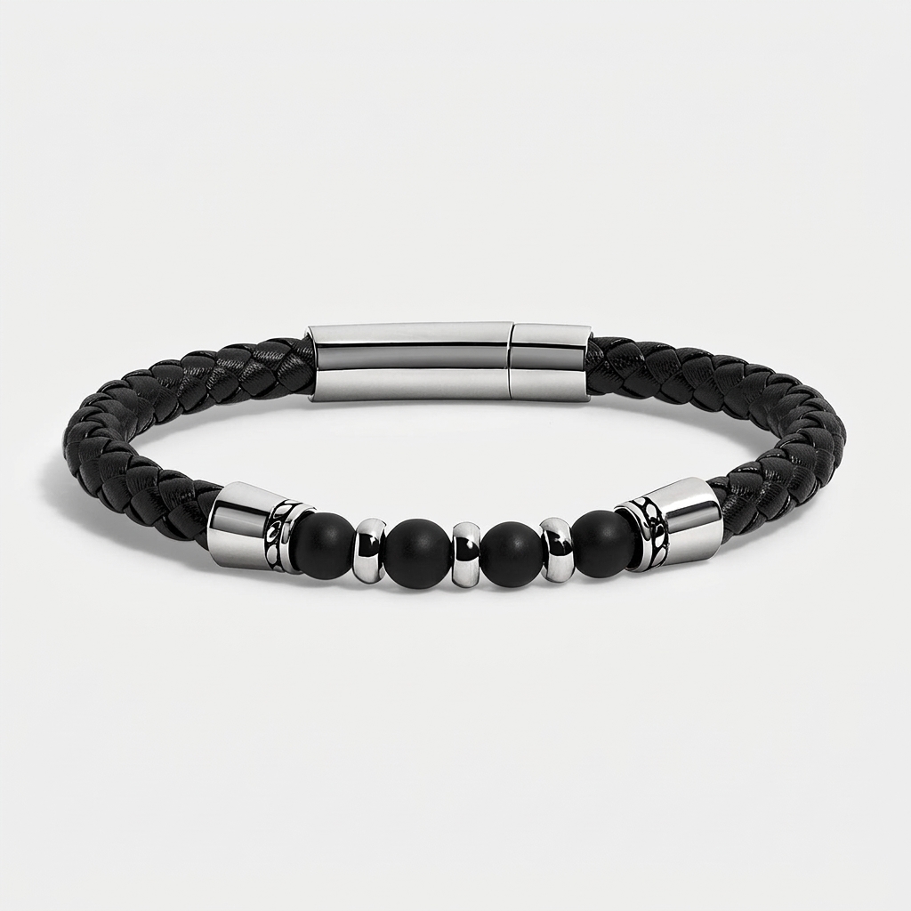 Onyx Accent Braided Leather Bracelet