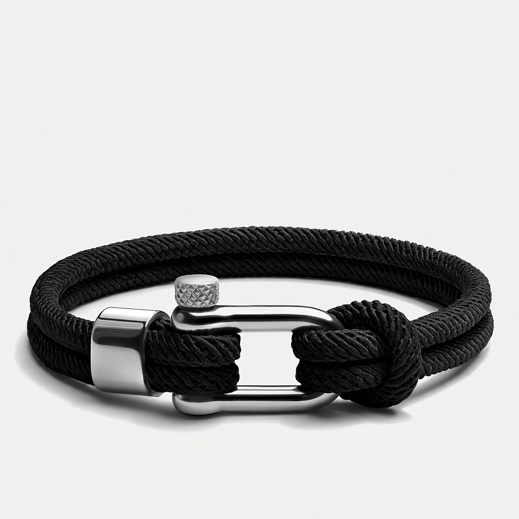Double Wrap Screw Shackle Nautical Rope Bracelet — Black